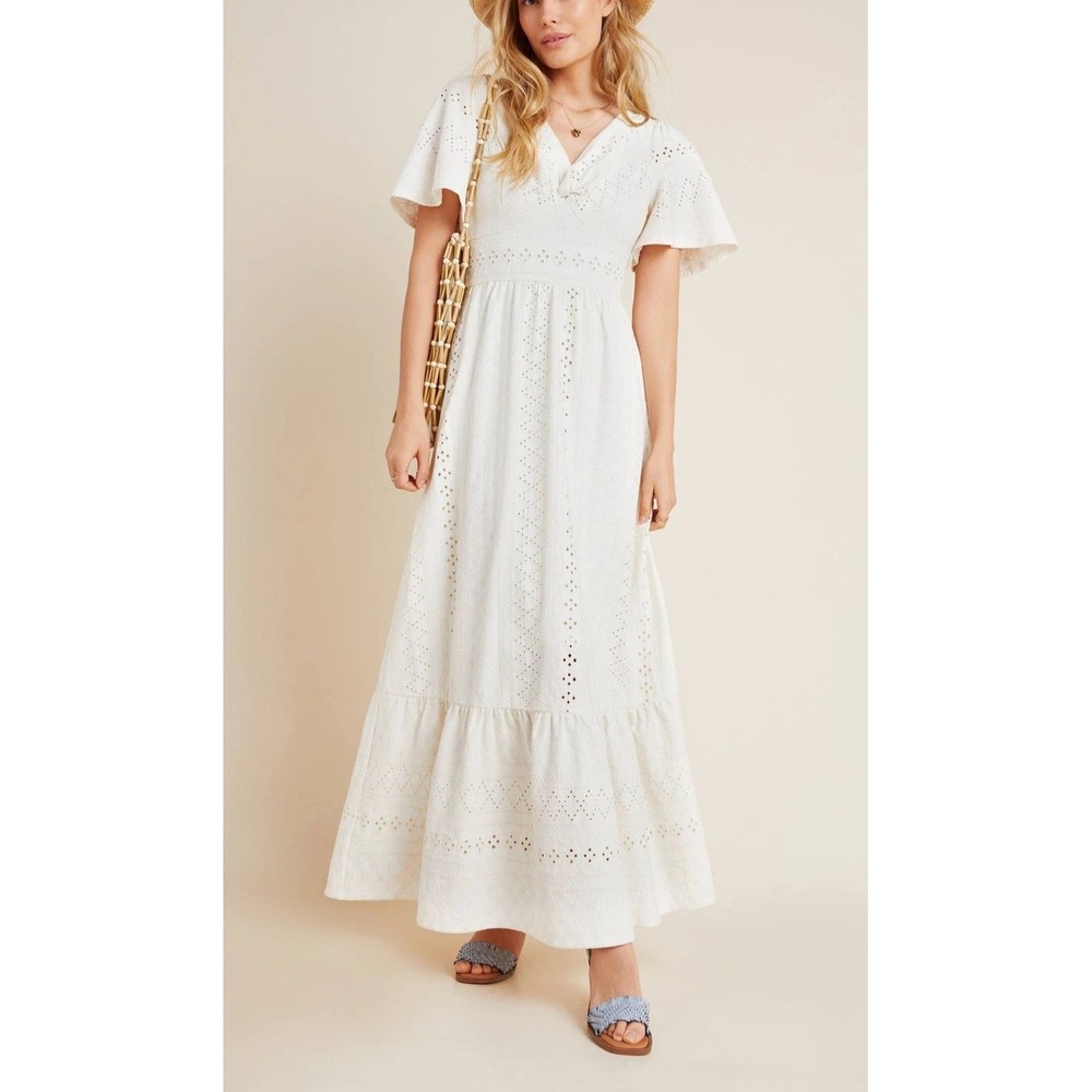 Maeve Anthropologie Women Rochelle Eyelet Maxi Dress Sz M Cottage Core Boho